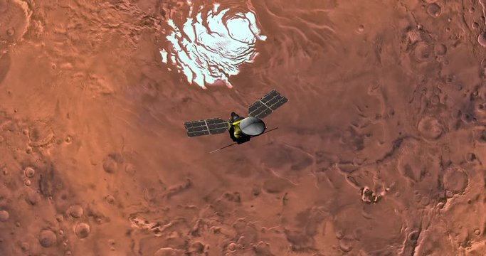 Top view of Mars Reconnaissance Orbiter in orbit above Mare Australe Region (South Pole). Clip is reversible and can be rotated 180 degrees. Data: NASA/JPL/USGS 