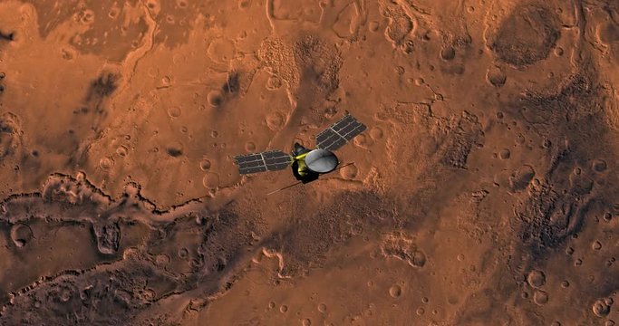 Top view of Mars Reconnaissance Orbiter in orbit above Chryse Outflow Channel. Clip is reversible and can be rotated 180 degrees. Data: NASA/JPL/USGS 