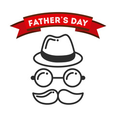 happy father's day card with hat, mustache and glasses icon over white background. colorful design. vector illustration