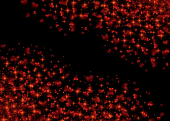 Shiny Explosion Red Hearts. Shimmer sparkle Frame Border Confetti Greeting Valentine's day card. Vector Illustration on Black Background