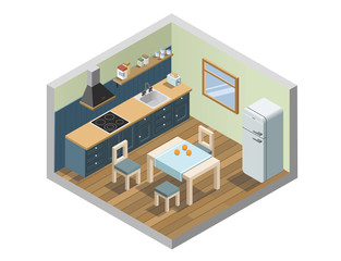 Vector isometric set of kitchen furniture and household appliances icons