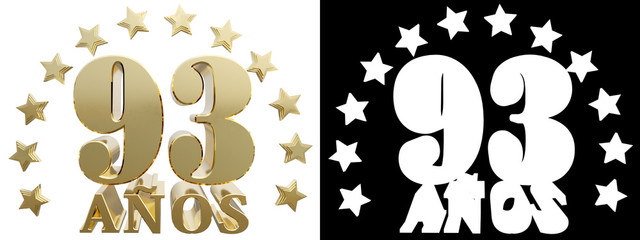 Golden digit ninety three and the word of the year, decorated with stars. Translated from the Spanish. 3D illustration