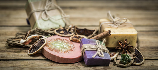 handmade soap on wooden background