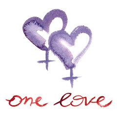 Two Venus symbols for women  in the shape of hearts and hand written words "one love" painted in purple and red watercolor on clean white background