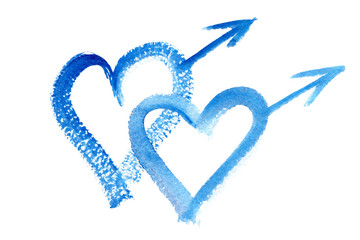 Two Mars symbols for men in the shape of hearts painted in blue watercolor on clean white background
