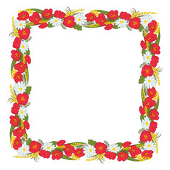 Floral greeting card. Mimosa, tulip, chamomile, and leaves. They can be used as an invitation to a wedding, birthday and other holidays. Spring vector illustration