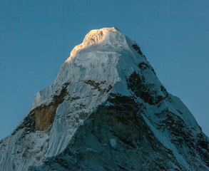 View of the top of the Ama Dablam (6814 m) from the valley of the Chhukhung in morning (view from...