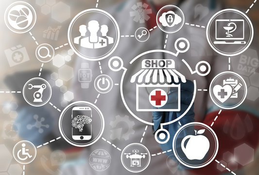 Pharmacy shop it integration iot drugstore healthcare shopping web computer online medical concept. Pharmaceutical store icon buy medicine market mobile technology