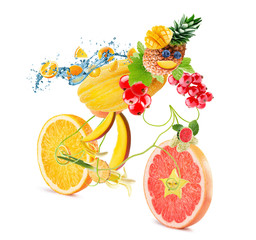 Food bicycle with cyclist  with fruits on white background