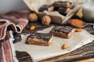 Homemade healthy snack sweets - energy nut bars. Sugar-free, gluten-free, without baking. Selective focus