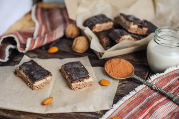 Homemade healthy snack sweets - energy nut bars. Sugar-free, gluten-free, without baking. Selective...