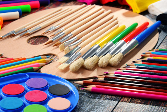 Composition with school accessories for painting and drawing