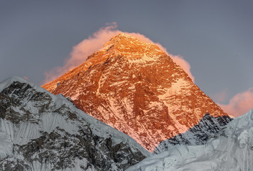 Portrait of the Mount Everest (8848 m) at sunset (view from Kala Patthar) - Everest region, Nepal,...