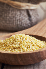 Closup of proso millet in wooden spoon with burlap bag in background