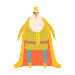 Fat Gentle King With Bushy White Beard In Red Mantle Fairy-Tale Cartoon Childish Character