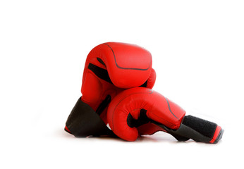 Red Boxing Gloves On White Background In Horizontal Composition