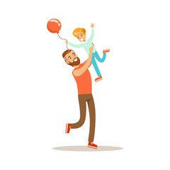 Dad Throwing Son In The Air, Loving Father Enjoying Good Quality Daddy Time With Happy Kid