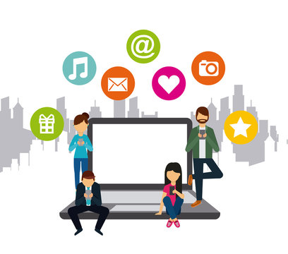 laptop computer with people and social media icons around over white background. colorful design. vector illustration