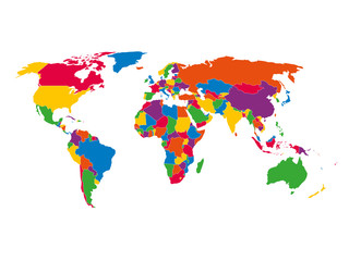 Mehrfarbige leere politische Vektorkarte der Welt mit nationalen Grenzen der Länder auf weißem Hintergrund. © pyty