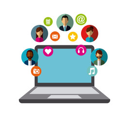 laptop computer with social media icons around over white background. colorful design. vector illustration