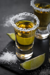 Tequila shot with lime and sea salt