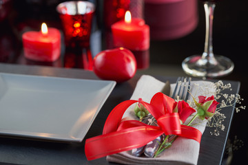 Table place setting with holidays decoration.