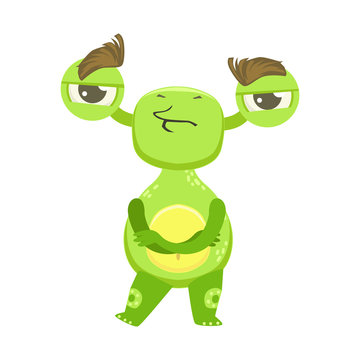 Stubborn Funny Monster Standing With Arms Crossed, Green Alien Emoji Cartoon Character Sticker