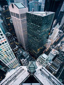 High angle view of modern skyscrapers in city