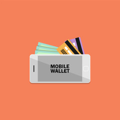 Digital mobile wallet. Flat design style. Mobile banking concept