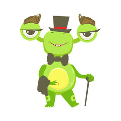 Fototapeta na wymiar Gentleman Funny Monster With Top Hat And Bow Tie, Green Alien Emoji Cartoon Character Sticker