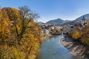 Fototapeta na wymiar Golden October at the banks of Ybbs river, view to Waidhofen an der Ybbs, Mostviertel region, Lower Austria, Austria, Europe