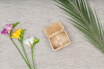 Flat lay details composition on the wooden desk