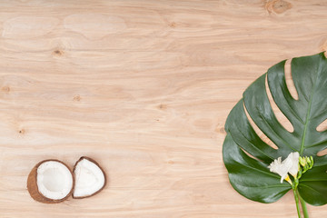 Flower and other details composition on the wooden desk