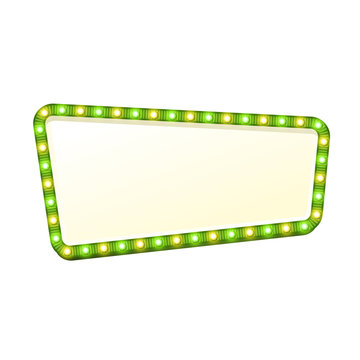 Blank 3d retro light sign with shining bulbs isolated on white background. Green street signboard with yellow and green marquee glowing lights. Advertising frame with glow Colorful vector illustration