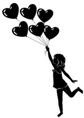 Silhouette beautiful little girl with heart balloons