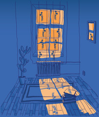 Hand drawn vector interior colorful art sketch design. Room with big window illustration isolated on dark blue background. Orange light shining through window into a room.