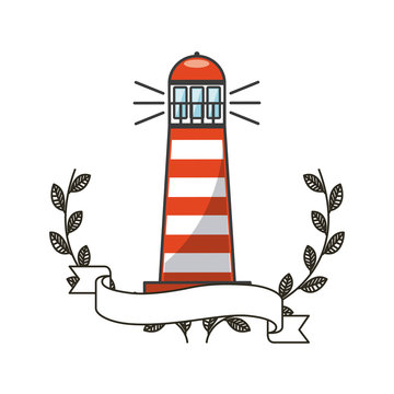 lighthouse icon with decorative wreath of leaves and ribbon over white background. colorful design. vector illustration