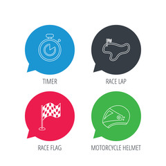 Colored speech bubbles. Race flag, timer and motorcycle helmet icons. Race lap linear sign. Flat web buttons with linear icons. Vector