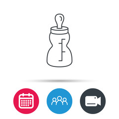 Baby feeding bottle icon. Drink glass with pacifier sign. Child food symbol. Group of people, video cam and calendar icons. Vector