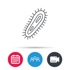 Bacteria icon. Medicine infection symbol. Bacterium or microbe sign. Group of people, video cam and calendar icons. Vector