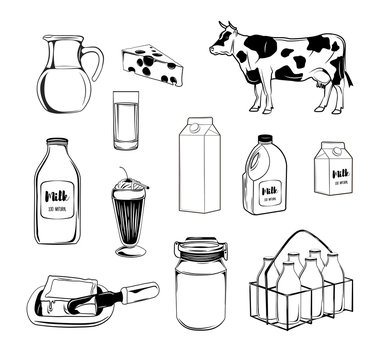 Vector hand drawn Illustration with milk products. Sketch. Vintage style.
