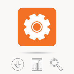 Cogwheel icon. Repair service symbol. Report chart, download and magnifier search signs. Orange square button with web icon. Vector