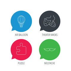 Colored speech bubbles. Puzzle, air balloon and theater masks. Mustache linear sign. Flat web buttons with linear icons. Vector