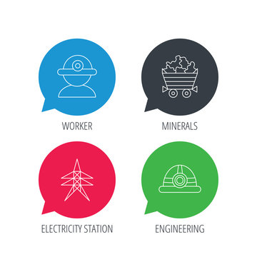 Colored speech bubbles. Worker, minerals and engineering helm icons. Electricity station linear sign. Flat web buttons with linear icons. Vector