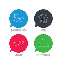 Colored speech bubbles. Hotel, swimming pool and airplane icons. Reception bell linear sign. Flat web buttons with linear icons. Vector