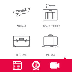 Achievement and video cam signs. Baggage, luggage security and airplane icons. Briefcase linear sign. Calendar icon. Vector