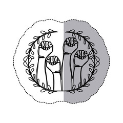 sticker ornament of leaves with silhouette hands up symbol support breast cancer vector illustration