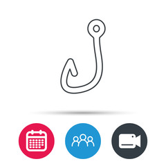 Fishing hook icon. Fisherman equipment sign. Angling symbol. Group of people, video cam and calendar icons. Vector