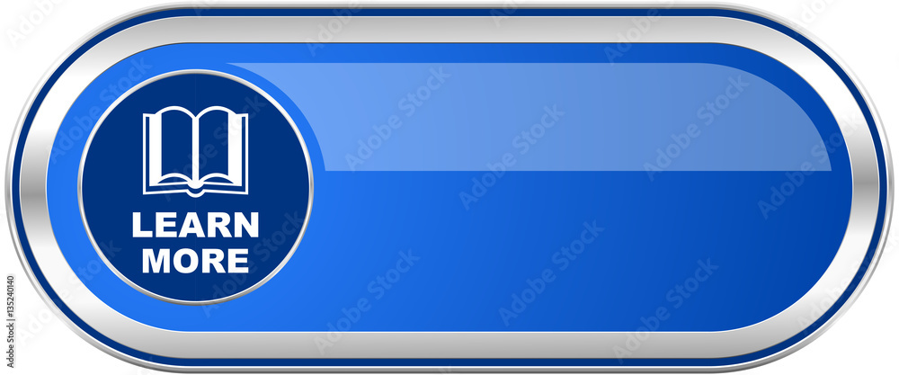 Aufkleber learn more long blue web and mobile apps banner isolated on white background.