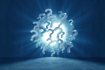 Question marks in uncertainty concept - 3d rendering